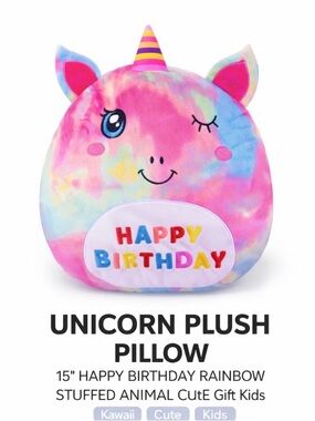 Unicorn Plush Pillow 15” Happy Birthday Rainbow Stuffed Animal Cute Gift Kids